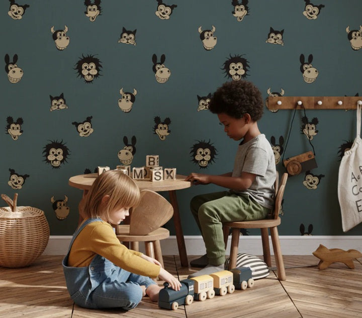 Annet Weelink vintage cartoon behang voor de kinderkamer blauw jongenskamer petrol 