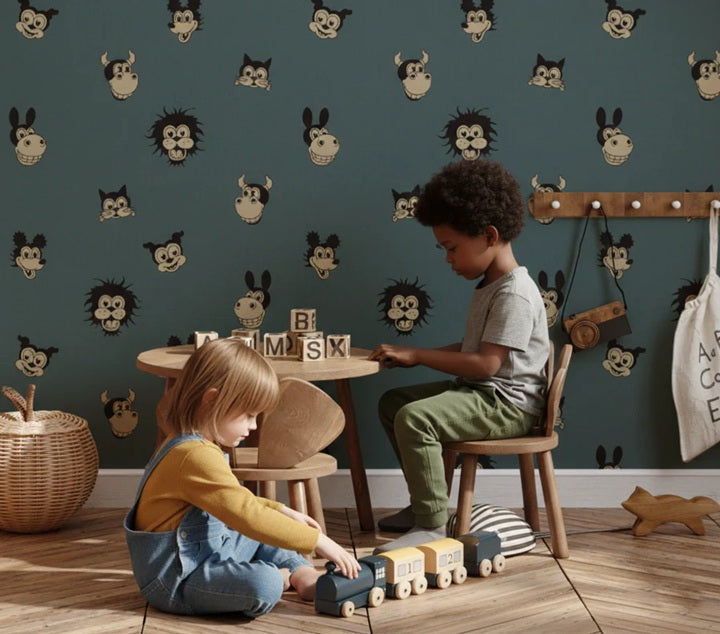 Annet Weelink vintage cartoon behang voor de kinderkamer blauw jongenskamer petrol 