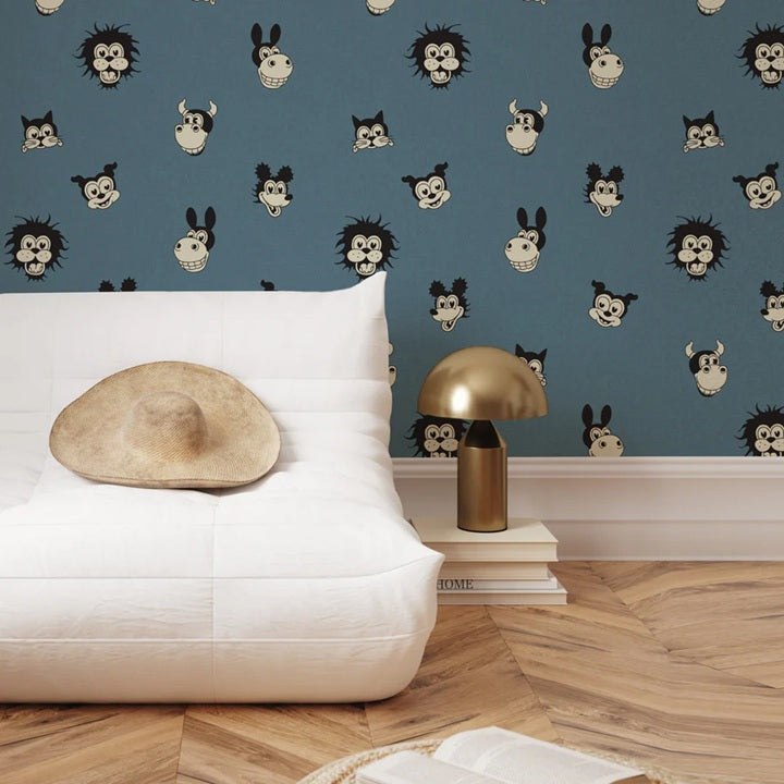 Annet Weelink vintage cartoon behang voor de kinderkamer blauw jongenskamer petrol 