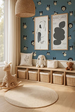 Annet Weelink vintage cartoon behang voor de kinderkamer blauw jongenskamer petrol 