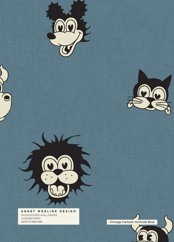 Annet Weelink vintage cartoon behang voor de kinderkamer blauw jongenskamer petrol 
