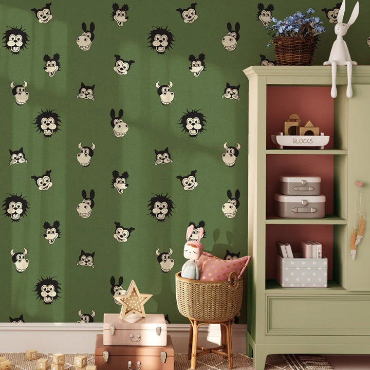 Annet Weelink vintage cartoon behang voor de kinderkamer groen jongenskamer 