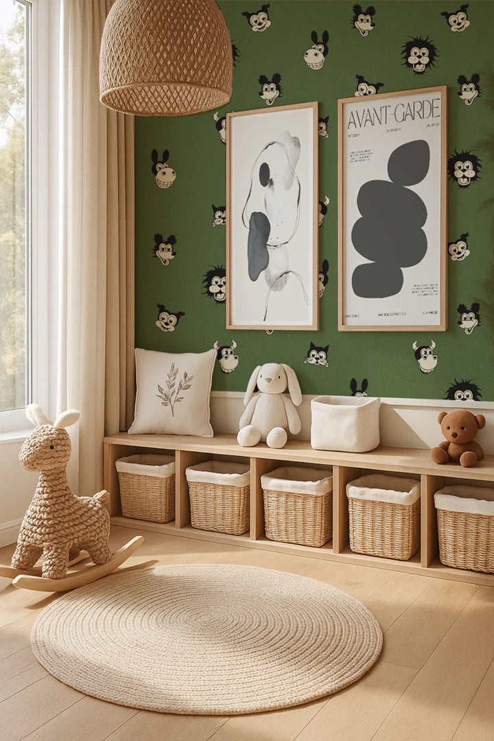 Annet Weelink vintage cartoon behang voor de kinderkamer groen jongenskamer 