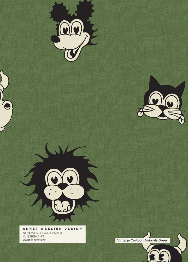 Annet Weelink vintage cartoon behang voor de kinderkamer groen jongenskamer 