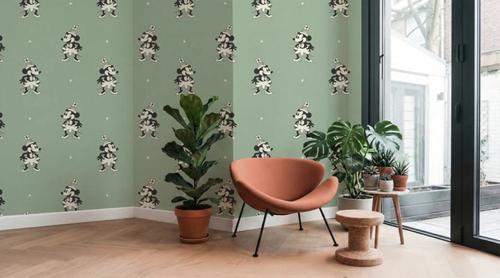 Annet Weelink Vintage cartoon kinderbehang voor meisjeskamer mini mouse groen
