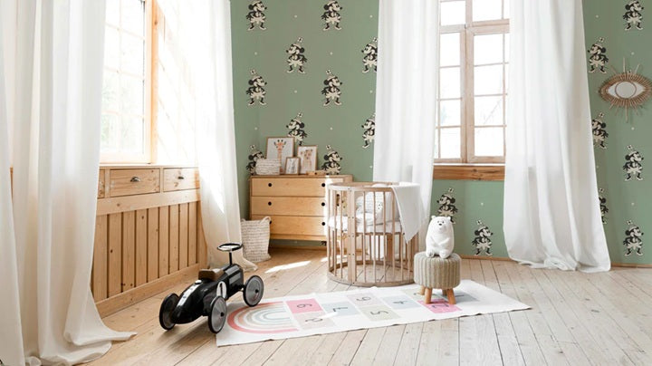 Annet Weelink Vintage cartoon kinderbehang voor meisjeskamer mini mouse groen