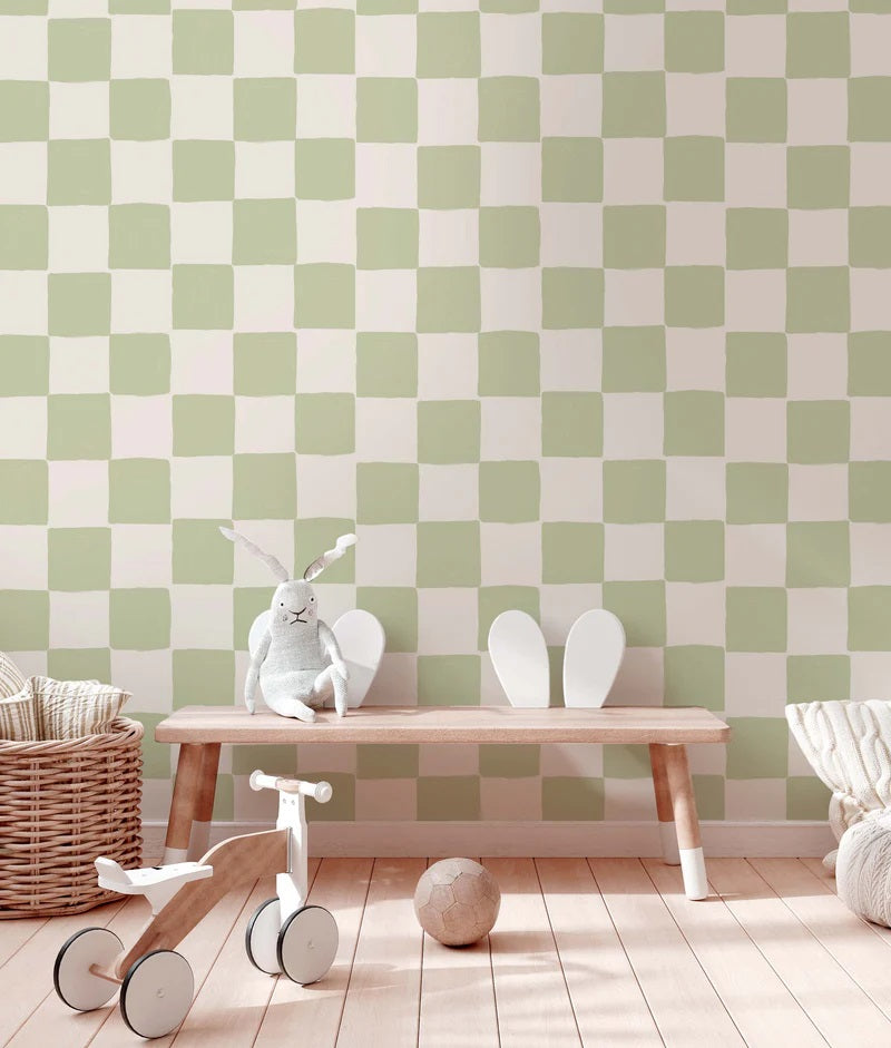 Annet Weelink blokken behang checker check mate groen kinderbehang
