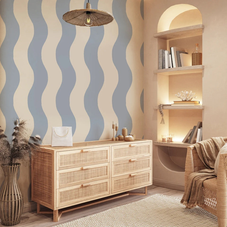 Annet Weelink Sway Stripe waves behang voor de kinderkamer lichtblauw jongenskamer meisjeskamer netutrale kinderkamer