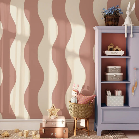 Annet Weelink Sway Stripe waves behang voor de kinderkamer terra roze meisjeskamer 