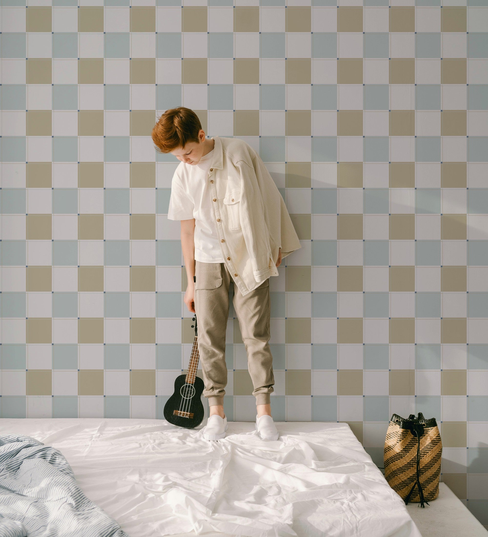 Blokken behang kinderkamer jongenskamer tienerkamer blauw groen 