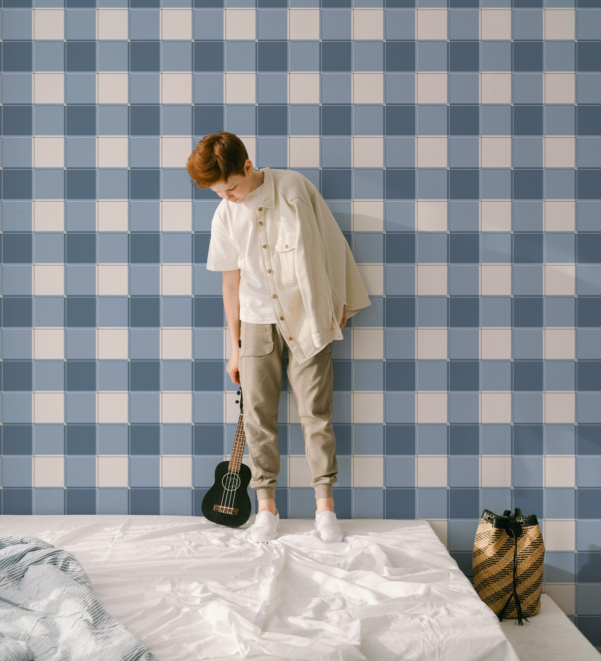 Blokken behang kinderkamer jongenskamer tienerkamer blauw donkerblauw