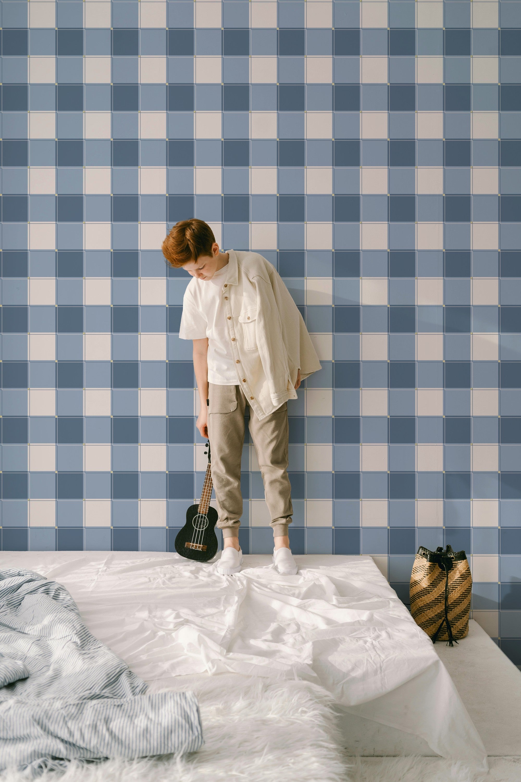 Blokken behang kinderkamer jongenskamer tienerkamer blauw donkerblauw