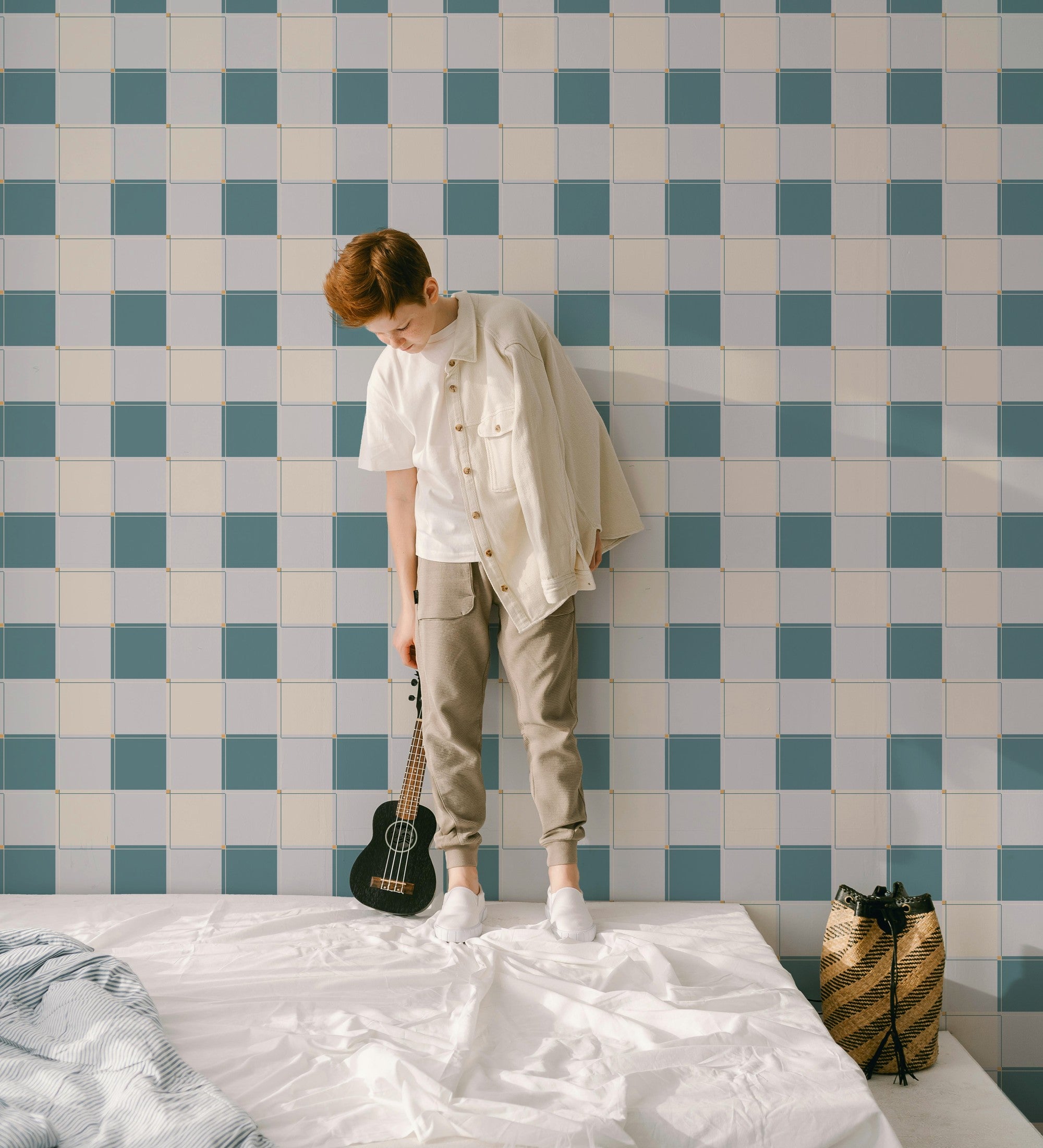 Blokken behang kinderkamer jongenskamer tienerkamer blauw teal