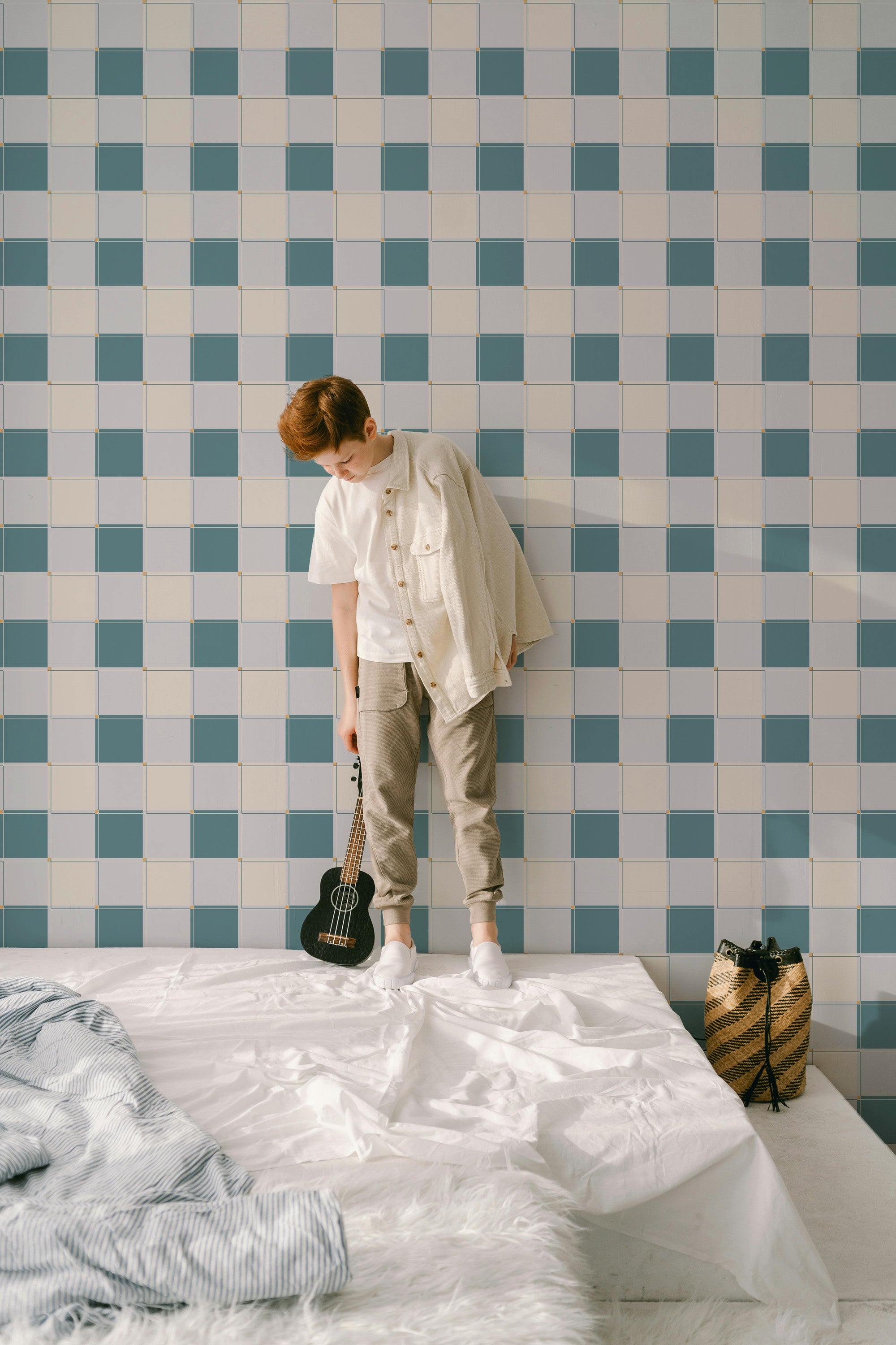 Blokken behang kinderkamer jongenskamer tienerkamer blauw teal