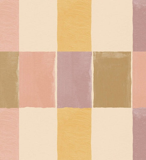 Checkmate kleurrijk geblokt behang in de kleuren roze, paars, geel en bruin voor meisjeskamer en tienerkamer van Creative Lab Amsterdam.