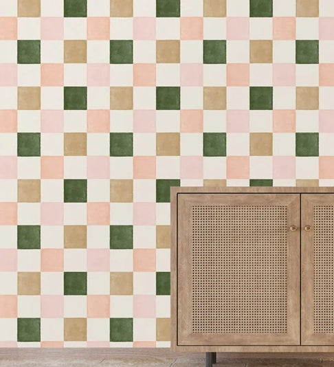 Checkmate geblokt behang voor de kinderkamer en tienerkamer meisjes roze groen bruin creative lab amsterdam
