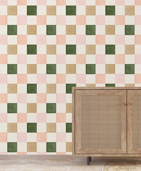Checkmate geblokt behang voor de kinderkamer en tienerkamer meisjes roze groen bruin creative lab amsterdam