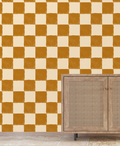 Checkmate geblokt behang voor kinderkamer en tienerkamer bruin beige creative lab amsterdam