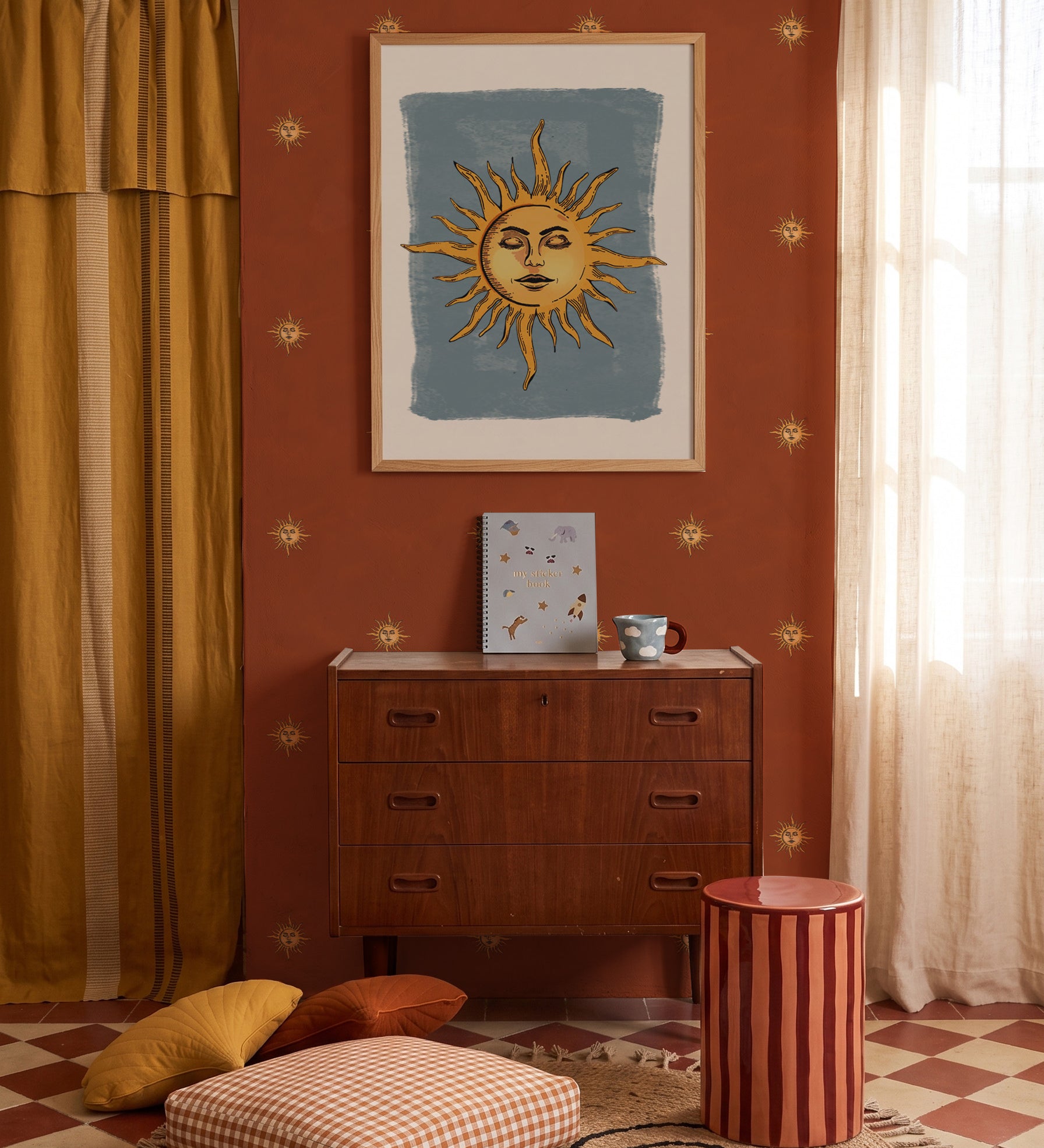 Dekornik Classic Sun Green zonnen behang meisjeskamer neutrale kinderkamer jongenskamer babykamer warm rood terra