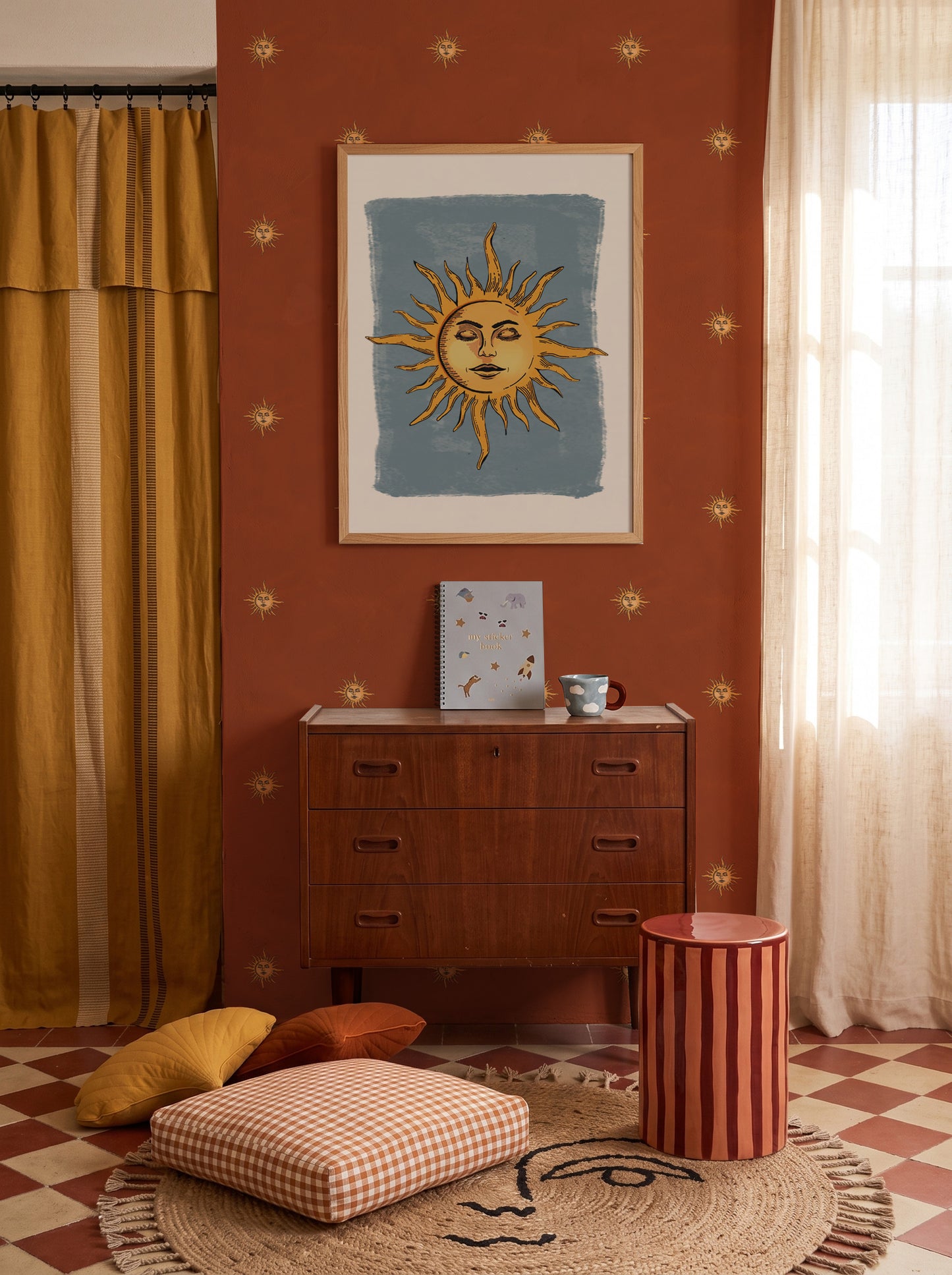 Dekornik Classic Sun Green zonnen behang meisjeskamer neutrale kinderkamer jongenskamer babykamer warm rood terra