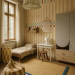 Dekornik Nostalgia gestreept behang voor de kinderkamer jongenskamer neutrale kinderkamer. beige blauw groen bruin