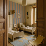 Dekornik gestreept behang upside down blauw beige jongenskamer neutrale kinderkamer.