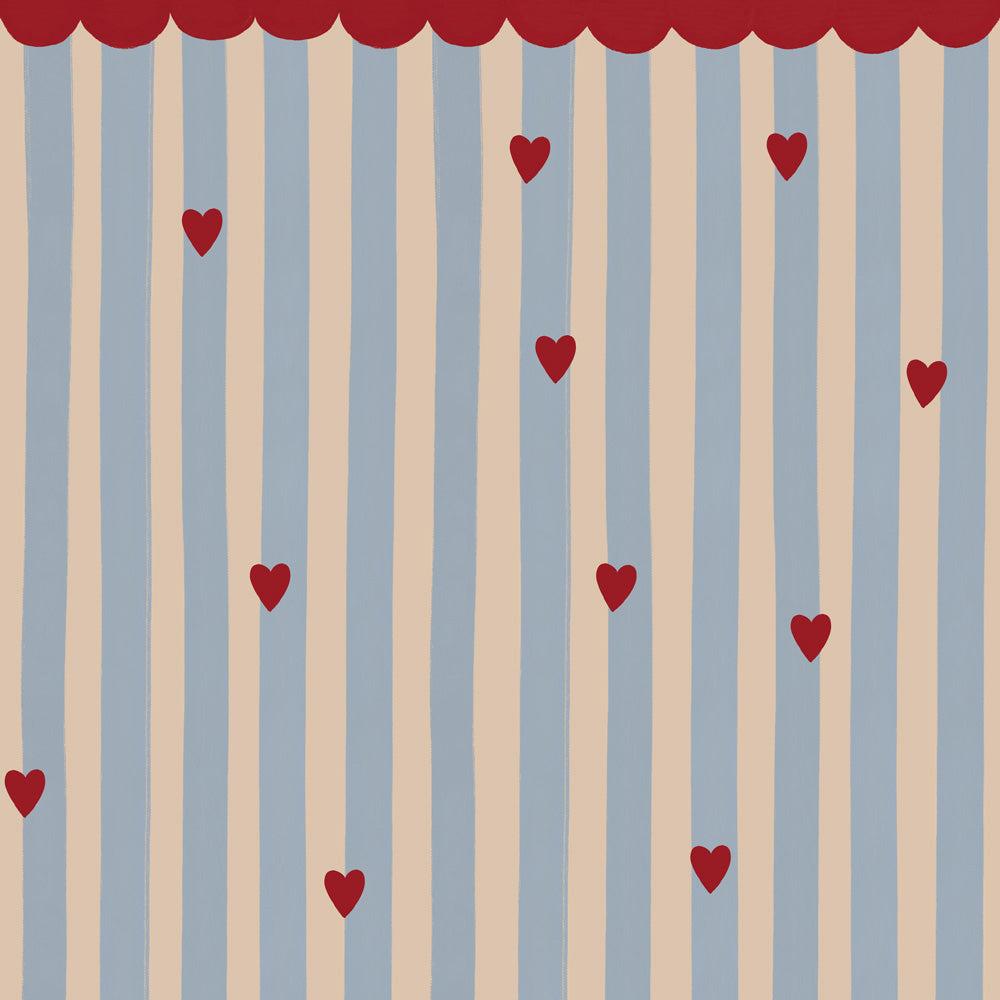 Dekornik French Hearts Stripes lichtblauw strepen behang met rode hartjes voor meisjeskamer