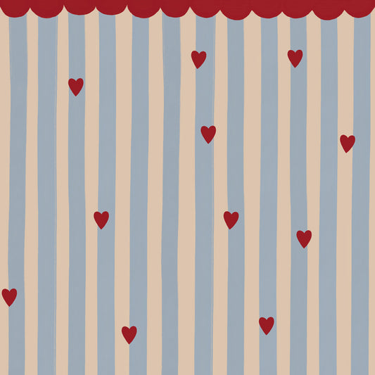 Dekornik French Hearts Stripes lichtblauw strepen behang met rode hartjes voor meisjeskamer