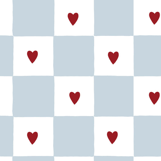 Dekornik french hearts check geblokt behang blauw meisjeskamer