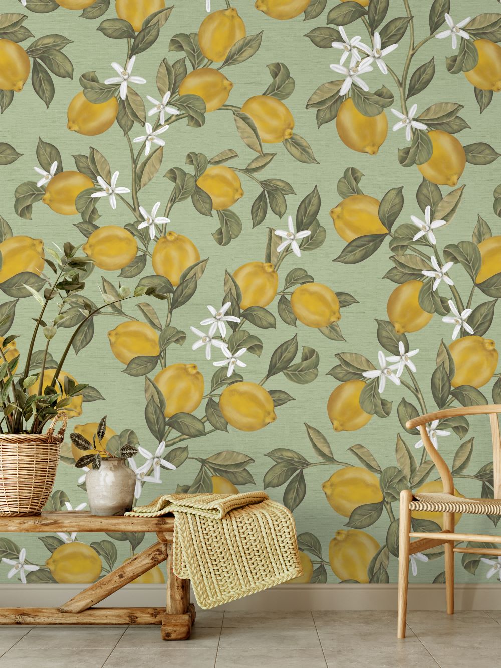 Days of Bloom behang Lemon Delight Citroenen behang mint groen