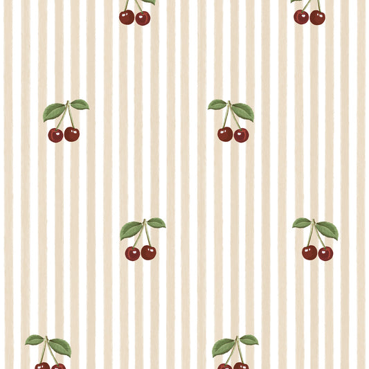 Dekornik little cherries behang  voor de meisjeskamer kersen lichtroze gestreept
