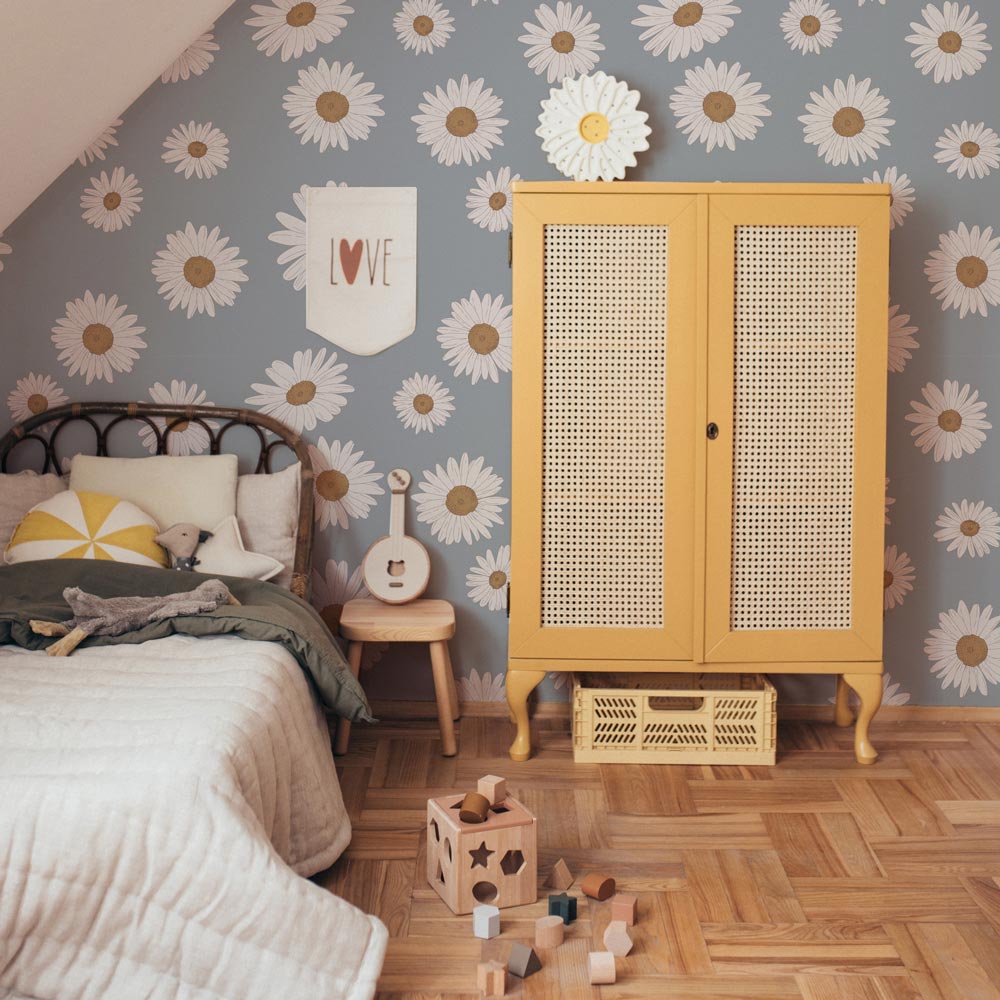 Dekornik  bloemenbehang voor de kinderkamer meisjeskamer madeliefjes blauw tuscan daisies