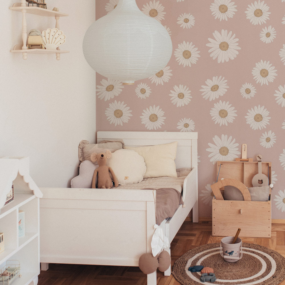 Dekornik behang voor de kinderkamer meisjes roze madeliefjes tuscan daisies