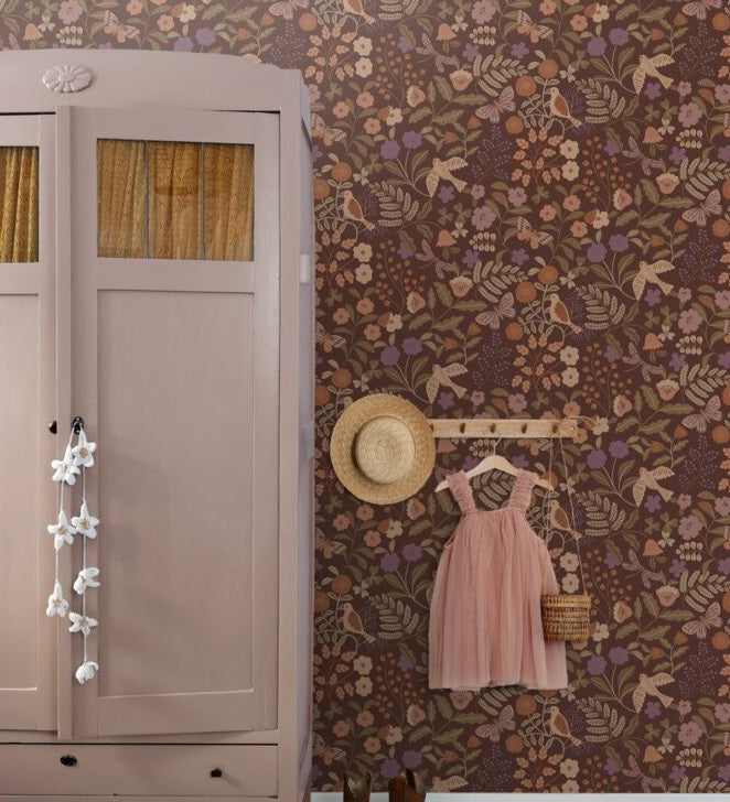 ESTAhome bloemen en vogels behang meisjeskamer babykamer groen bruin paars 131467
