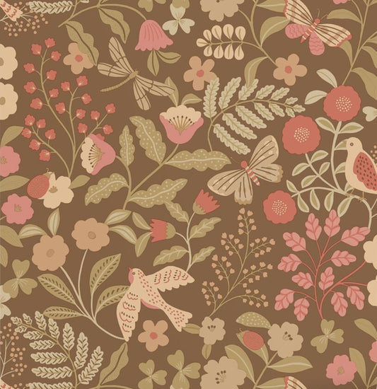 ESTAhome bloemen en vogels behang meisjeskamer babykamer bruin roze  131468