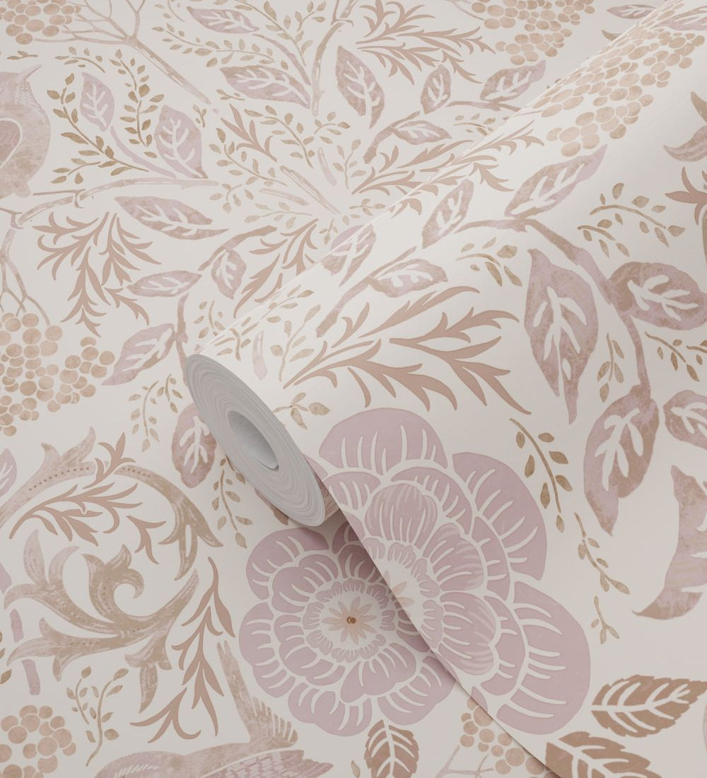 ESTAhome bloemen en vogels behang kinderkamer beige zand lila 139829