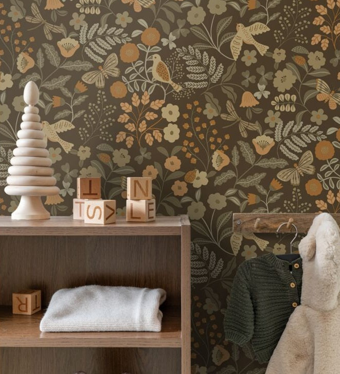 ESTAhome bloemen en vogels behang meisjeskamer babykamer groen bruin oker  131466