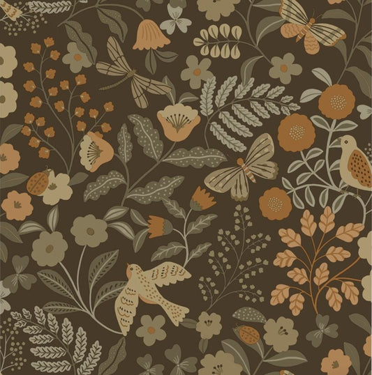 ESTAhome bloemen en vogels behang meisjeskamer babykamer groen bruin oker  131466