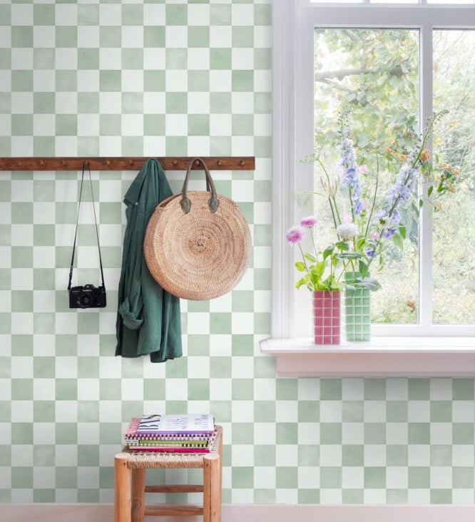 ESTAhome groen wit geblokt behang voor de kinderkamer 131290