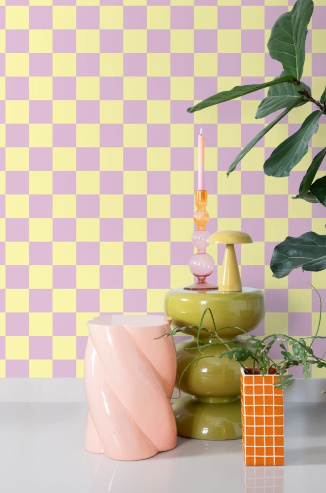 ESTAhome geblokt behang voor de kinderkamer lila geel meisjeskamer 131134 