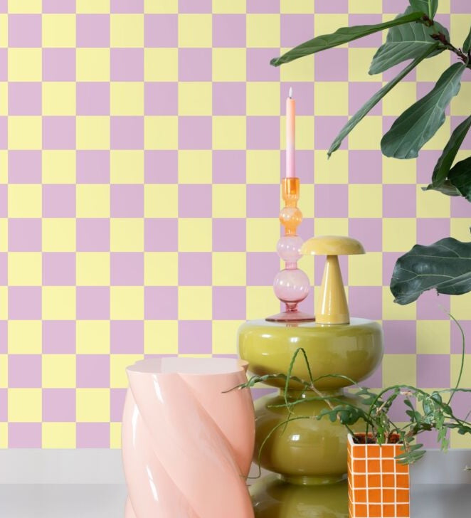 ESTAhome geblokt behang voor de kinderkamer lila geel meisjeskamer 131134 