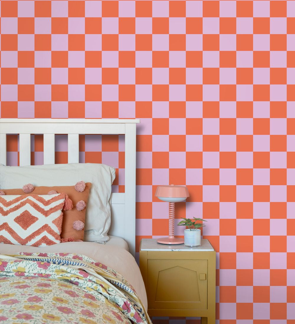 ESTAhome geblokt behang voor de kinderkamer meisjeskamer tienerkamer lila oranje 130914