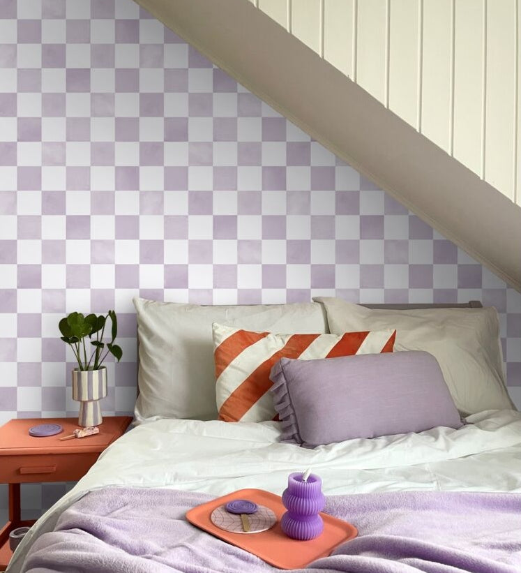 ESTAhome paars lila wit geblokt behang voor de kinderkamer 131287