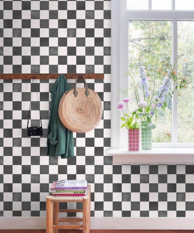 ESTAhome zwart wit geblokt behang voor de kinderkamer 131285