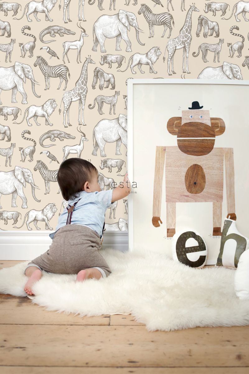 ESTAhome jungle dieren behang look a like ferm living behang kinderkamer beige 139511