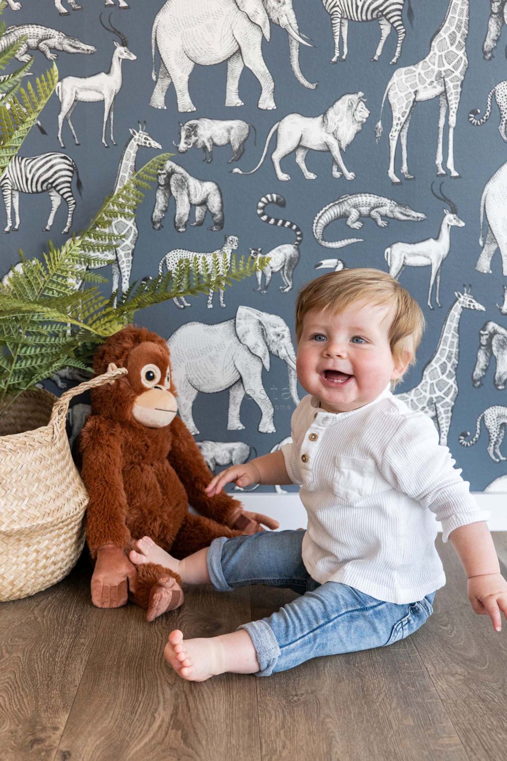 ESTAhome jungle dieren behang look a like ferm living behang kinderkamer vergrijsd blauw 139272