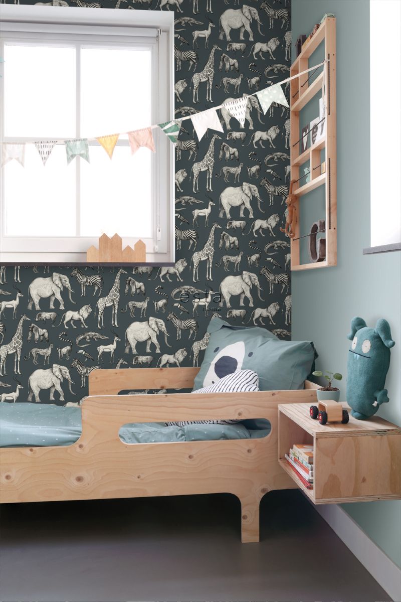 ESTAhome jungle dieren behang look a like ferm living behang kinderkamer vergrijsd blauw 139272