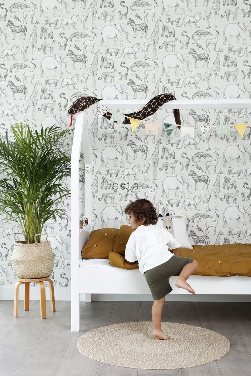 ESTAhome jungle dieren behang look a like ferm living behang kinderkamer lichtgroen 139270