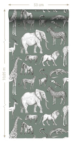 ESTAhome jungle dieren behang look a like ferm living behang kinderkamer vergrijsd groen 139513