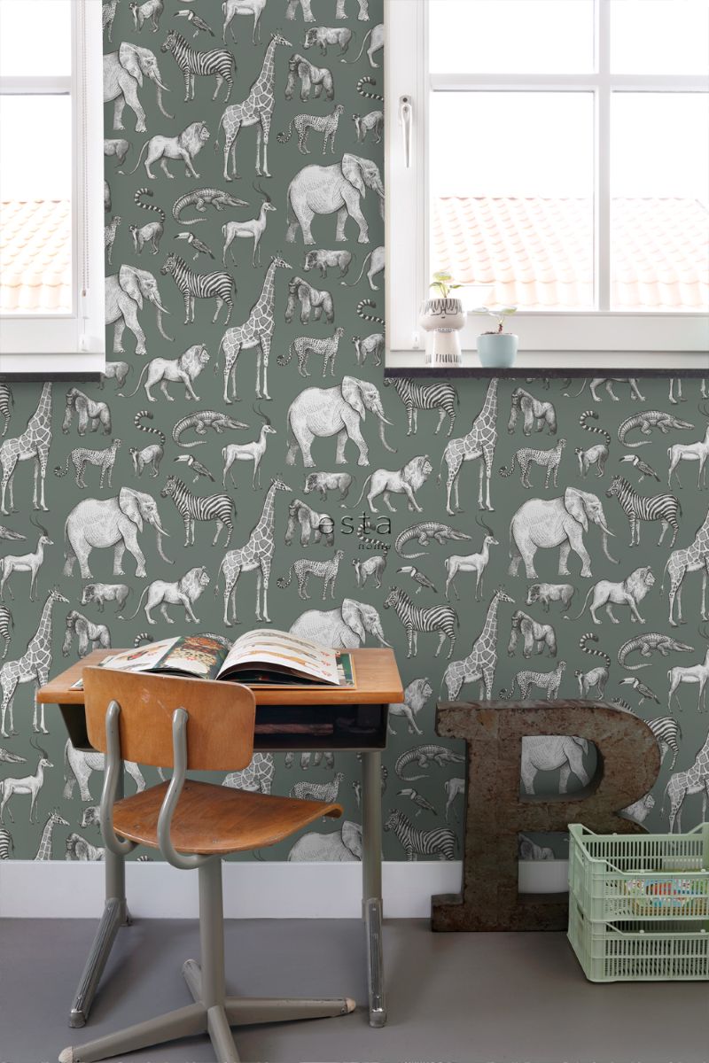 ESTAhome jungle dieren behang look a like ferm living behang kinderkamer vergrijsd groen 139513